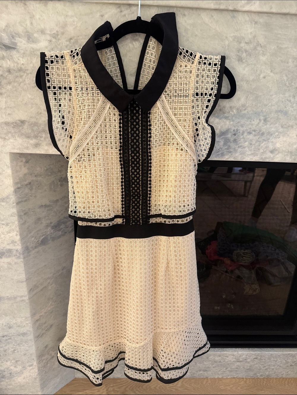 Self-Portrait Cream Dress with Black Trim & Lace Accents